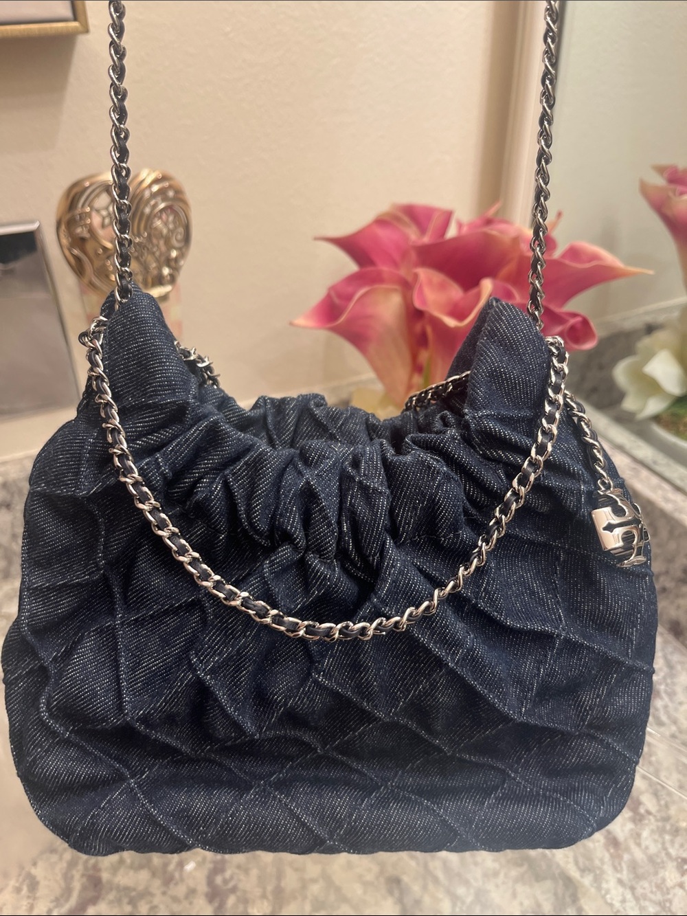 TORY BURCH Quilted Denim Shoulder Bag with Chain Strap - Dark Blue